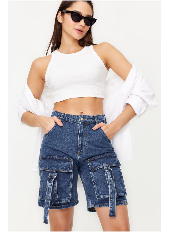 trendyol Blue Normal Waist Denim Shorts with Cargo Pocket & Bermuda TWOSS24SR00014  - Image 1