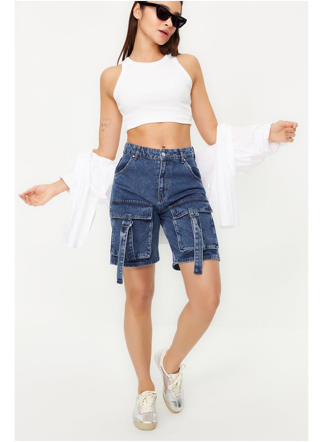 trendyol Blue Normal Waist Denim Shorts with Cargo Pocket & Bermuda TWOSS24SR00014  - Image 2