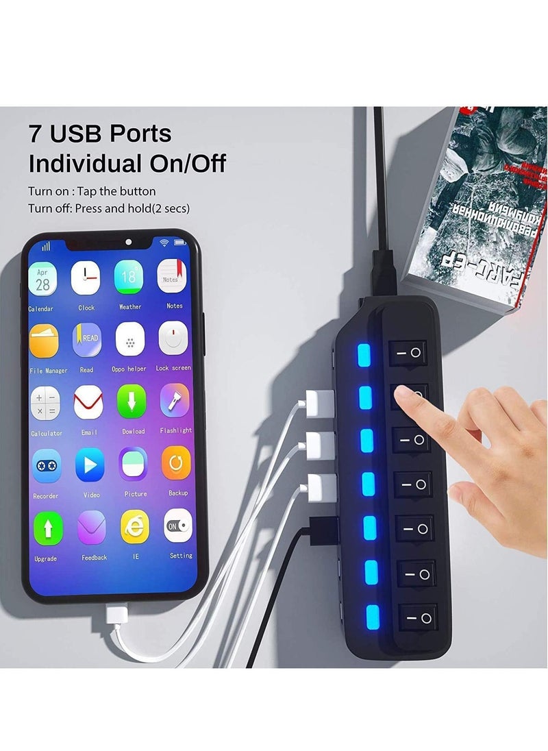 Y&D USB Hub 3.0 Splitter, 7 Port Data with Individual On/Off Switches and Lights for Laptop, PC, Computer, Mobile HDD, Flash Drive, PD Charging Macbook Other Type C Laptops  - Image 4