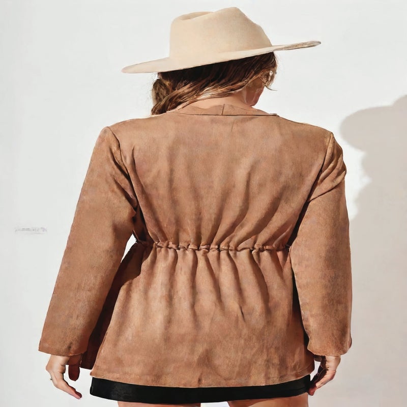 Women's Open Front Cardigan Faux Suede Jacket Casual Long Sleeve Wrap Coat - Image 3