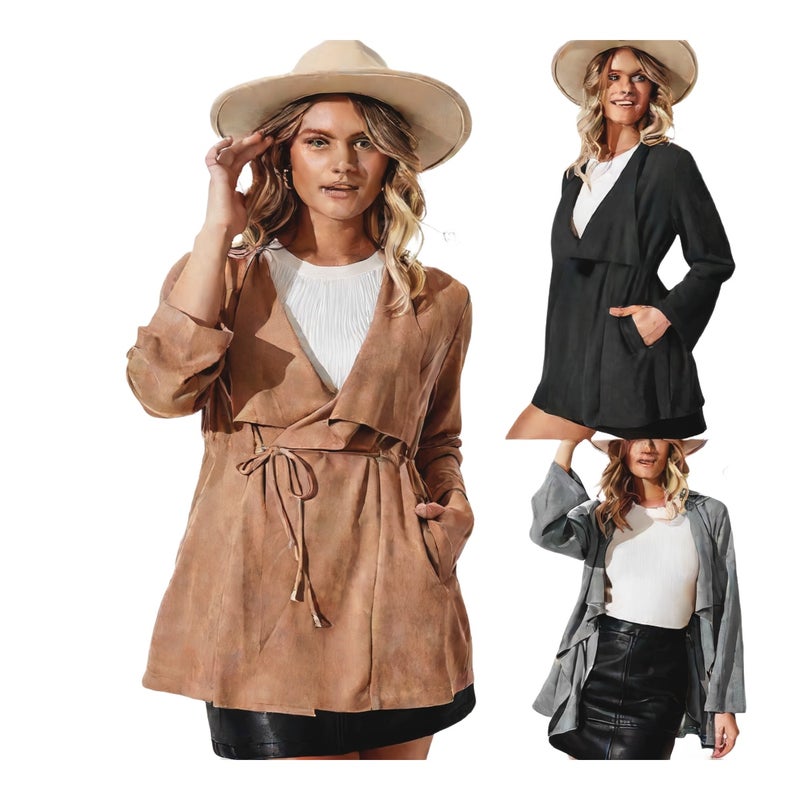 Women's Open Front Cardigan Faux Suede Jacket Casual Long Sleeve Wrap Coat - Image 1
