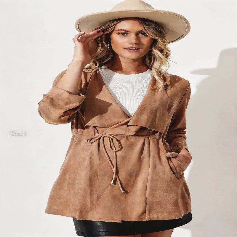 Women's Open Front Cardigan Faux Suede Jacket Casual Long Sleeve Wrap Coat - Image 2