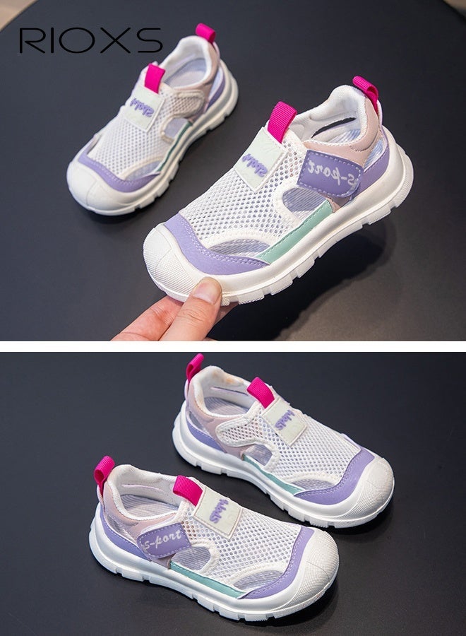 RIOXS Kids Unisex Flat Sandals, Fashion Boys' Sandals Girls' Sandals, Lightweight Breathable Mesh Shoes with Velcro, Athlesiure Slip-On Sneakers for Toddler/Little Kids, Athletic Casual Shoes for Boys Girls, Beach Sport Barefoot Aqua Sandals for Indoor Outdoor Activities, Kid's Footwear Violet Tennis Hiking Sneaker - Image 3