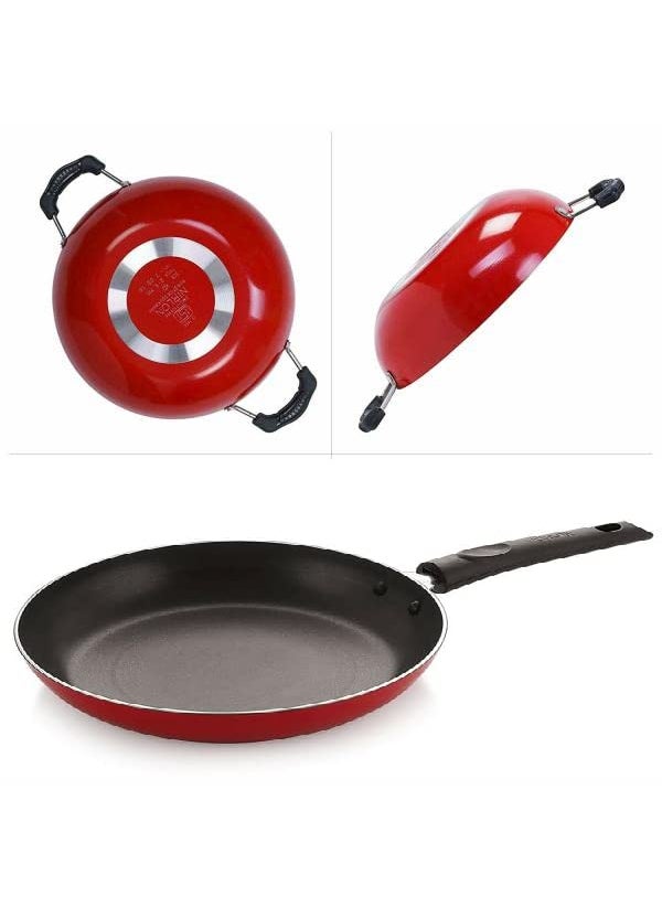Techmahoday Techmahoday Small Size Red Aluminum NonStick Kadai 12cm and Tadka Pan 11cm Set of 2  - Image 1