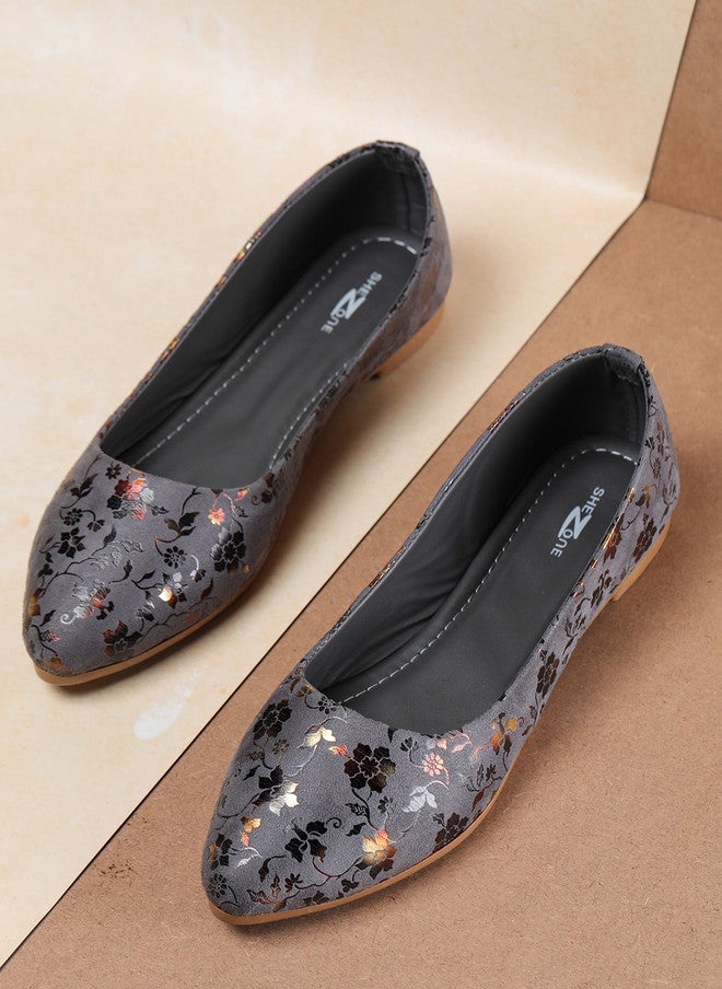 She Zone Shezone Women Grey Floral Printed Ballerinas - Image 1