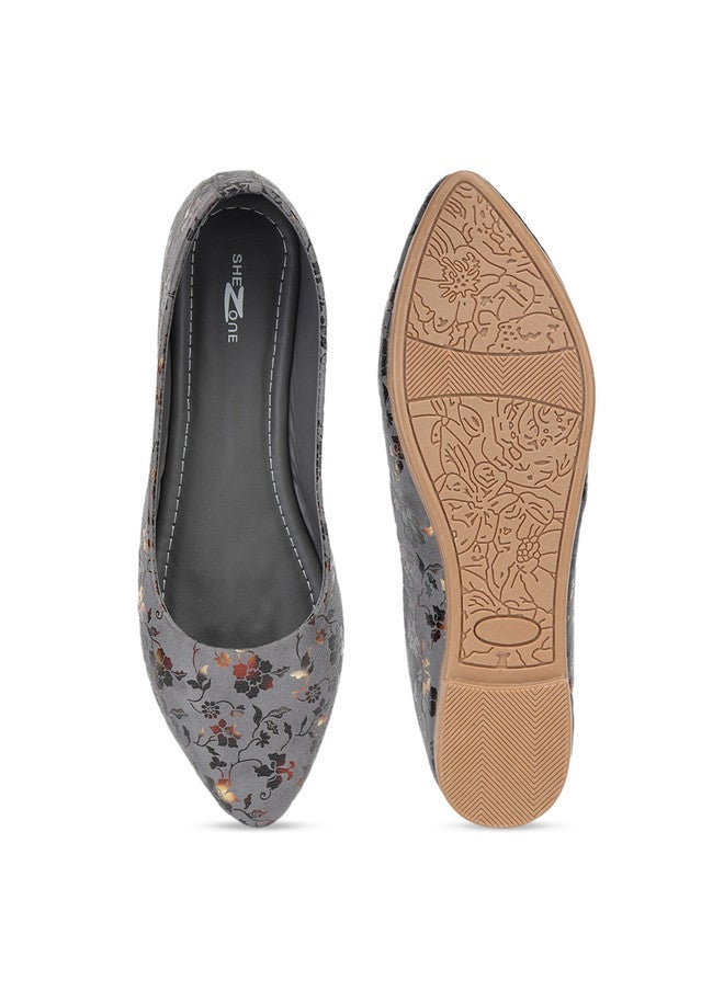 She Zone Shezone Women Grey Floral Printed Ballerinas - Image 5