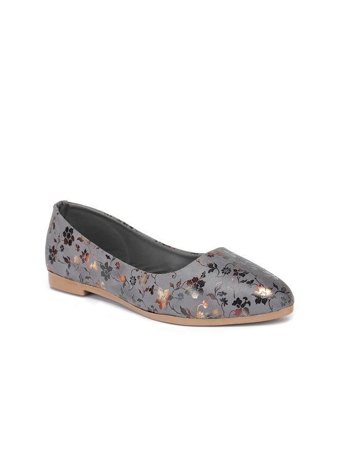 She Zone Shezone Women Grey Floral Printed Ballerinas - Image 2