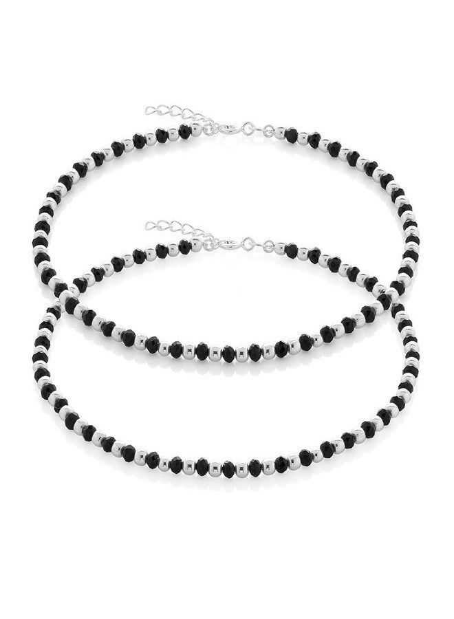 ELOISH Sterling Silver Black Beaded Adjustable Anklets for Women (Silver) - Image 1