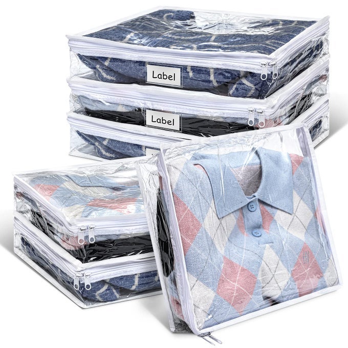 6 PIECES SWEATER STORAGE BAGS PLASTIC CLEAR PVC CLOTHES STORAGE BAGS WITH ZIPPER AND LABEL FOR BLANKETS CLOTHES CLOSET QUILT PILLOW BED SHEET ORGANIZER157 X 137 X 39 INCH
