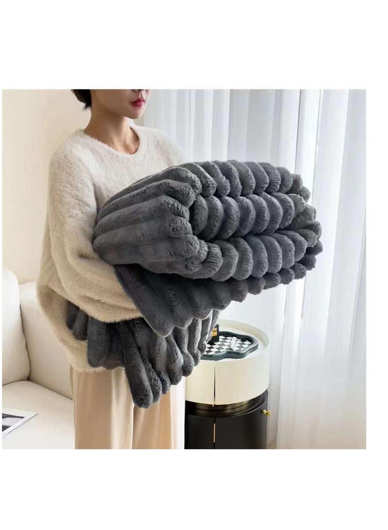 بيج فو بطانية من الفرو سميكة الدافئة شعر الأرنب رمادي أفخم لينة منقوشة رمي بطانية ل سرير مزدوج الشتاء غطاء أريكة 200*230 سنتيمتر - Image 1