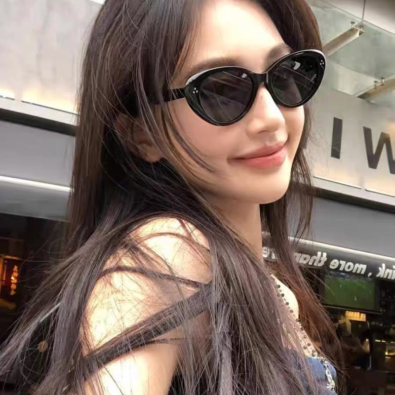 2025 Korean Style Retro Oval Cat'S Eye Black Frame High-Grade Sunglasses Round Face Slimming Anti-Ultraviolet Sunglasses For Women - Image 2