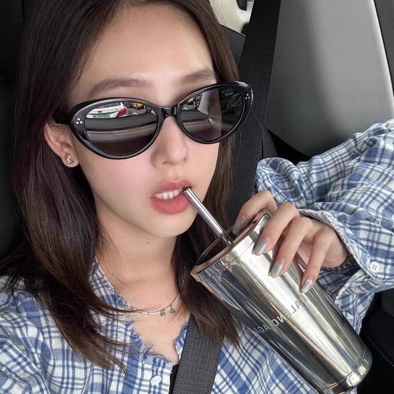 2025 Korean Style Retro Oval Cat'S Eye Black Frame High-Grade Sunglasses Round Face Slimming Anti-Ultraviolet Sunglasses For Women - Image 5