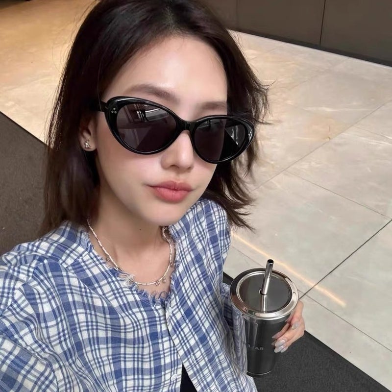 2025 Korean Style Retro Oval Cat'S Eye Black Frame High-Grade Sunglasses Round Face Slimming Anti-Ultraviolet Sunglasses For Women - Image 4