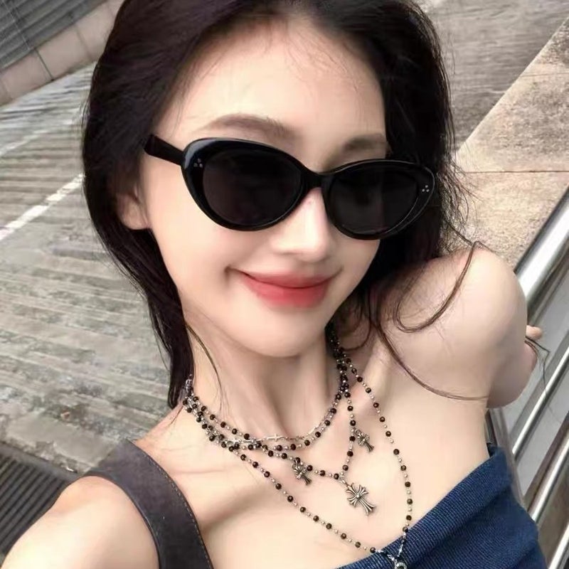 2025 Korean Style Retro Oval Cat'S Eye Black Frame High-Grade Sunglasses Round Face Slimming Anti-Ultraviolet Sunglasses For Women - Image 3