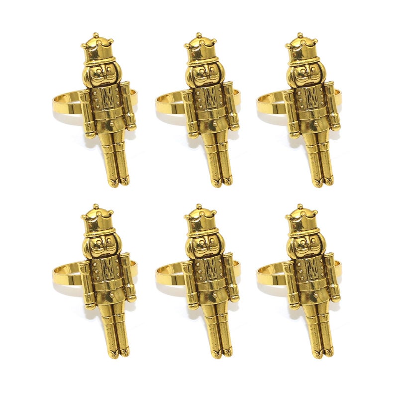 Metal Nutcracker Soldier Napkin Ring Set (6 pieces in gold) - Suitable for Christmas, Valentine's Day cutlery, and vintage wedding party decorations