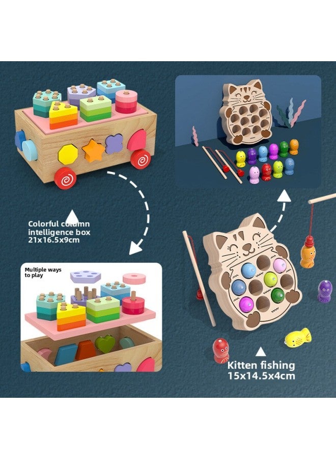 Baby Building Blocks Wood Assembled Shape Matching Toys For Infant Children Early Education 0-1 Year Old 2 Boys And Girls-Color:Colorful Set Column Intelligence Box -550 + Xiao Mao Fishing - Image 1