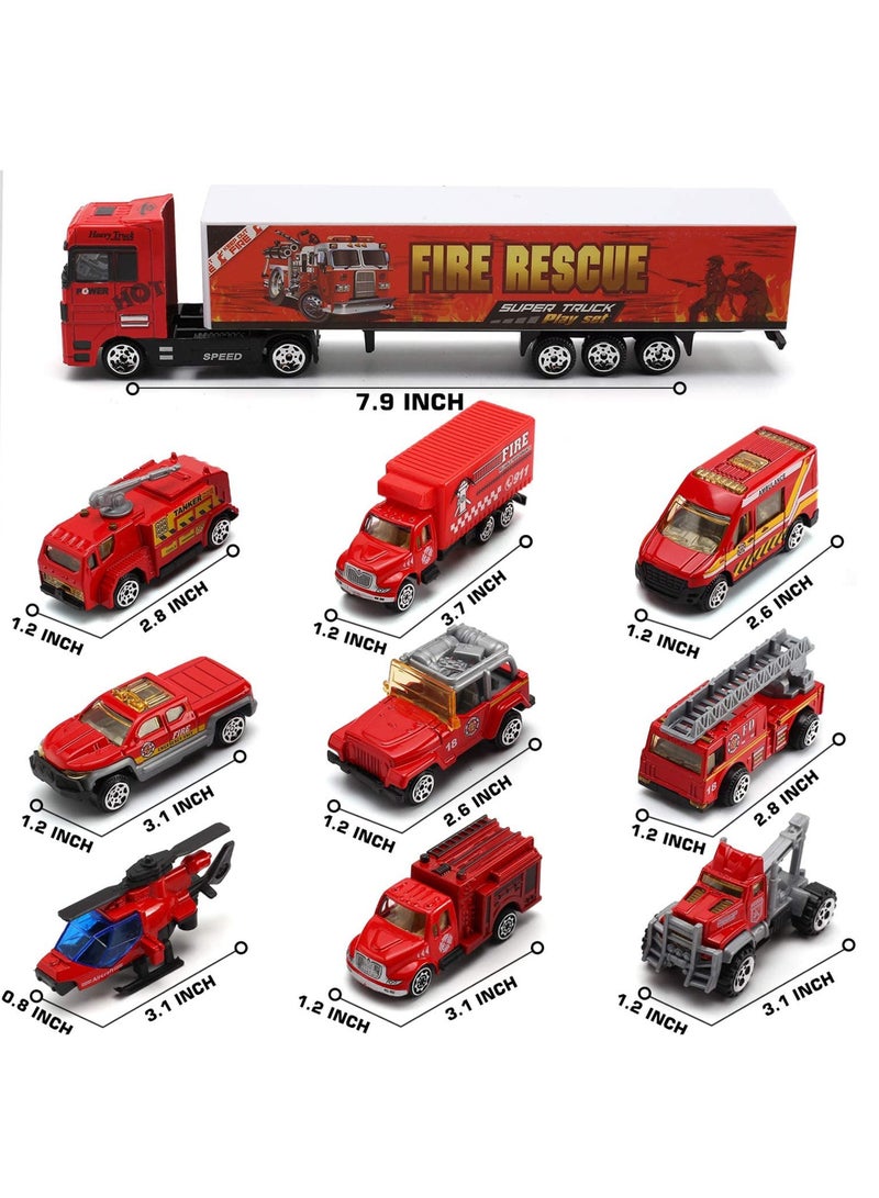 11 Pcs Fire Truck Vehicle Toy Set, Mini Die-cast Fire Engine Car in Carrier Truck, Mini Rescue Emergency Double Side Transport Vehicle for Kid Child Boy Girl Birthday - Image 2