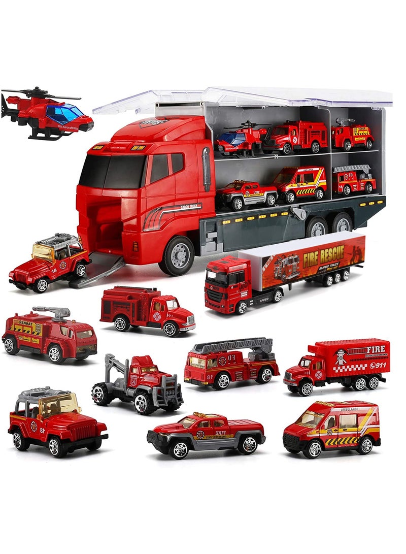 11 Pcs Fire Truck Vehicle Toy Set, Mini Die-cast Fire Engine Car in Carrier Truck, Mini Rescue Emergency Double Side Transport Vehicle for Kid Child Boy Girl Birthday - Image 1
