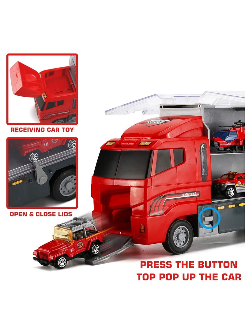 11 Pcs Fire Truck Vehicle Toy Set, Mini Die-cast Fire Engine Car in Carrier Truck, Mini Rescue Emergency Double Side Transport Vehicle for Kid Child Boy Girl Birthday - Image 4