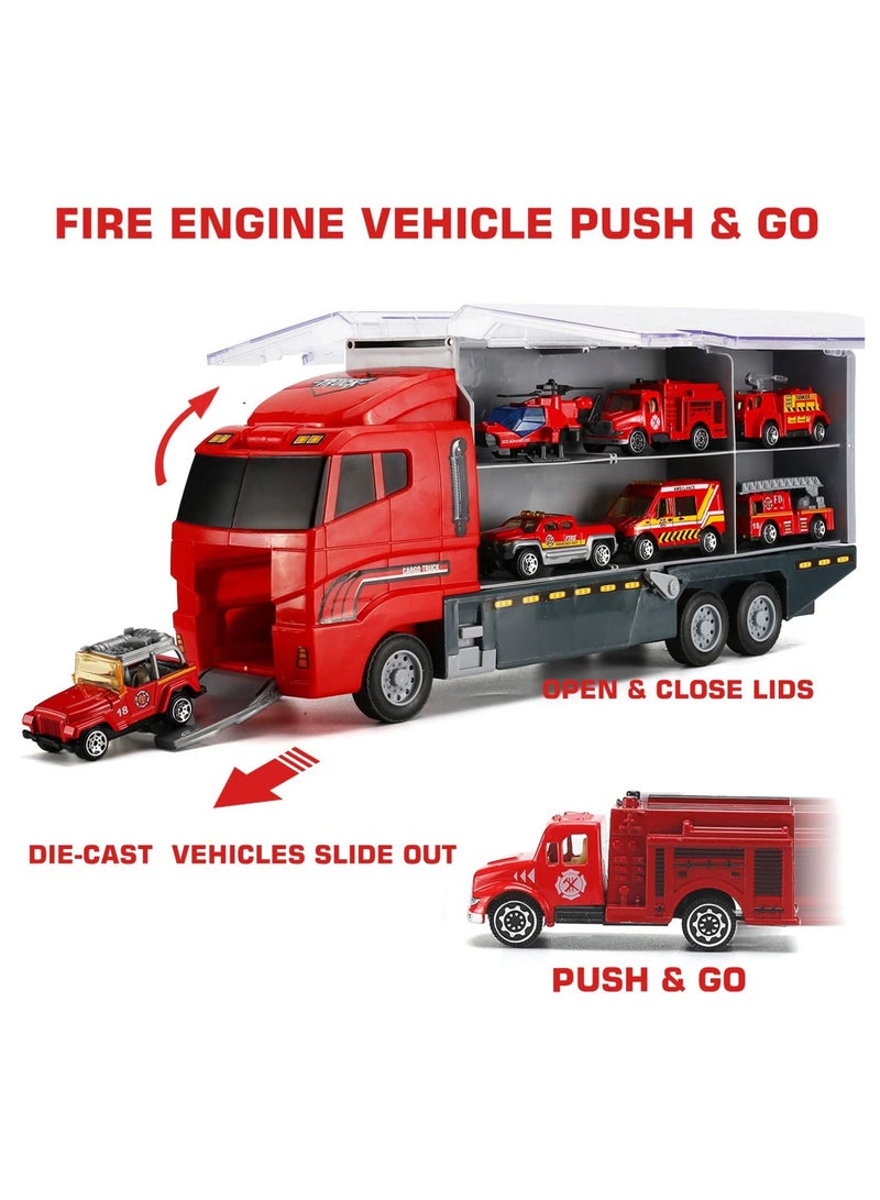 11 Pcs Fire Truck Vehicle Toy Set, Mini Die-cast Fire Engine Car in Carrier Truck, Mini Rescue Emergency Double Side Transport Vehicle for Kid Child Boy Girl Birthday - Image 5