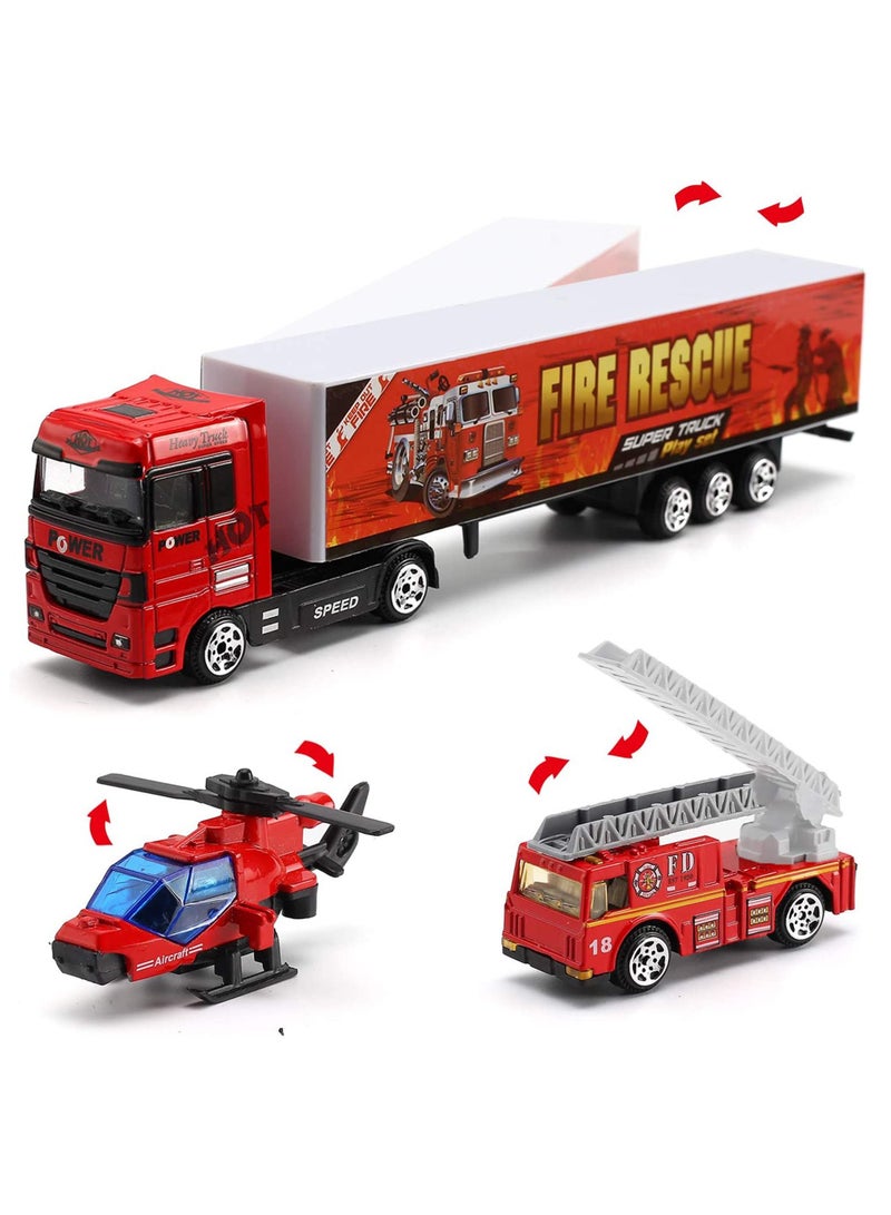 11 Pcs Fire Truck Vehicle Toy Set, Mini Die-cast Fire Engine Car in Carrier Truck, Mini Rescue Emergency Double Side Transport Vehicle for Kid Child Boy Girl Birthday - Image 3