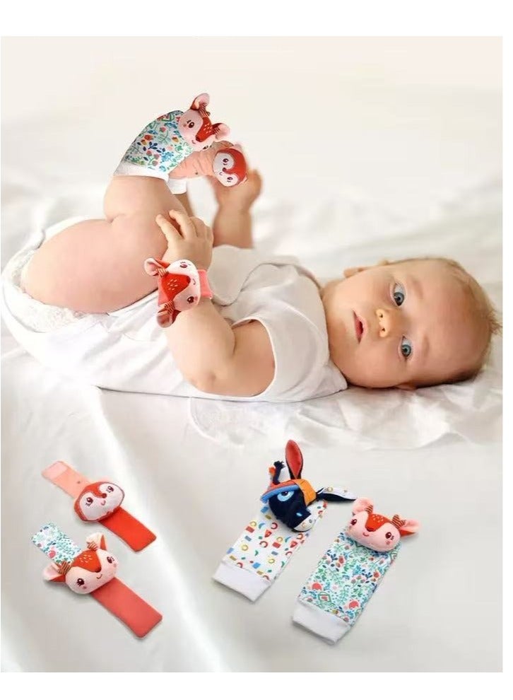 Gerenic 4Pcs Baby Cartoon  Animal Wrist Rattles & Foot Finder Socks Set – Soft Infant Wristbands and Socks for Early Learning & Sensory Development - Image 1