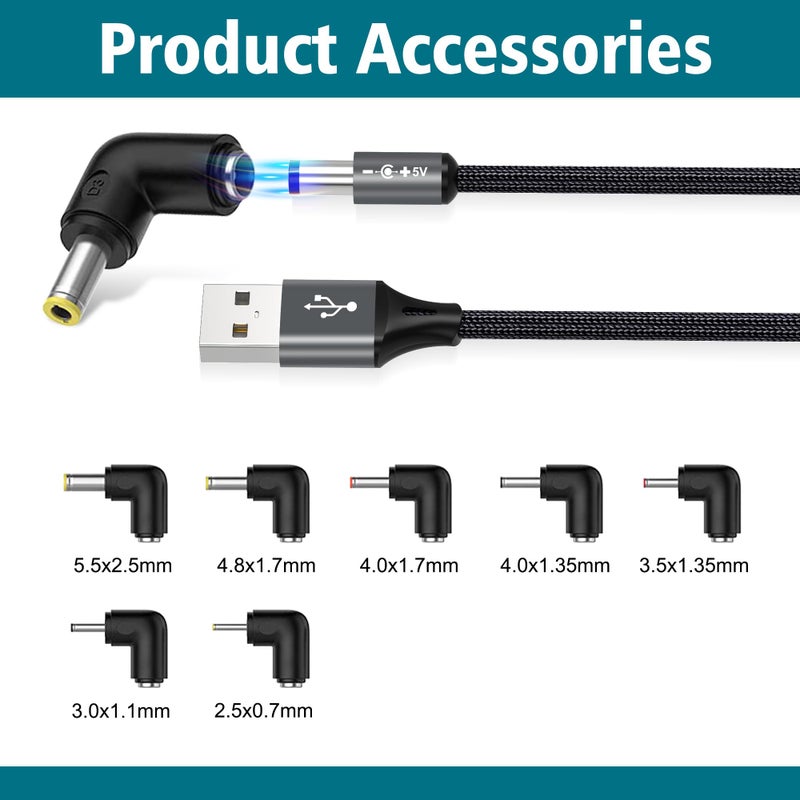 AGVEE 5ft USB to DC 5V Power Cord 5521(5.5x2.1mm) | Braided Nylon & Aluminum Shell | 6pcs DC Adapter Tips | Fast & Durable Charging for CCTV Cameras, Routers, LED Strips, Dark Gray - Image 2