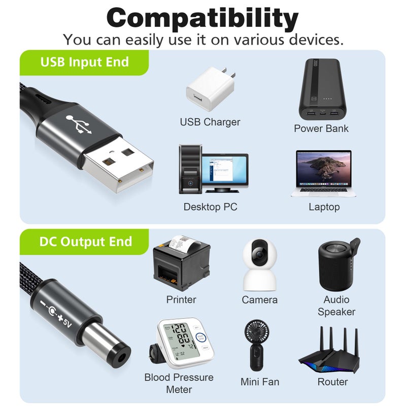 AGVEE 5ft USB to DC 5V Power Cord 5521(5.5x2.1mm) | Braided Nylon & Aluminum Shell | 6pcs DC Adapter Tips | Fast & Durable Charging for CCTV Cameras, Routers, LED Strips, Dark Gray - Image 3