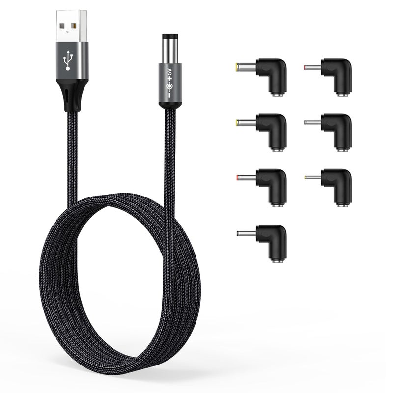 AGVEE 5ft USB to DC 5V Power Cord 5521(5.5x2.1mm) | Braided Nylon & Aluminum Shell | 6pcs DC Adapter Tips | Fast & Durable Charging for CCTV Cameras, Routers, LED Strips, Dark Gray - Image 1