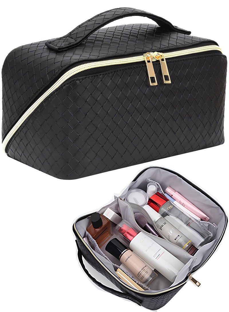 AEENAA Capacity Woven Leather Makeup Bag Portable Travel Toiletry Organizer with Dividers - Black - Image 1