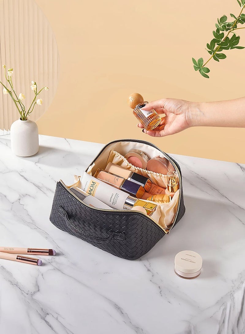 AEENAA Capacity Woven Leather Makeup Bag Portable Travel Toiletry Organizer with Dividers - Black - Image 4