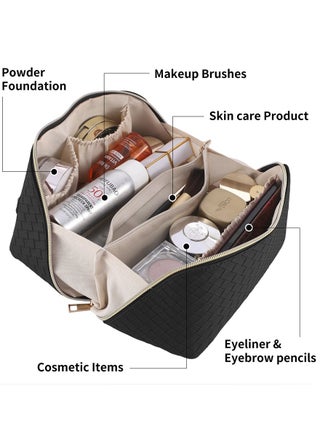 Capacity Woven Leather Makeup Bag Portable Travel Toiletry Organizer with Dividers - Black - view 5