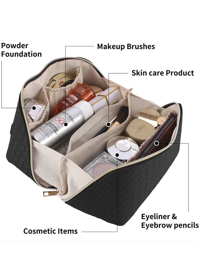 AEENAA Capacity Woven Leather Makeup Bag Portable Travel Toiletry Organizer with Dividers - Black - Image 5