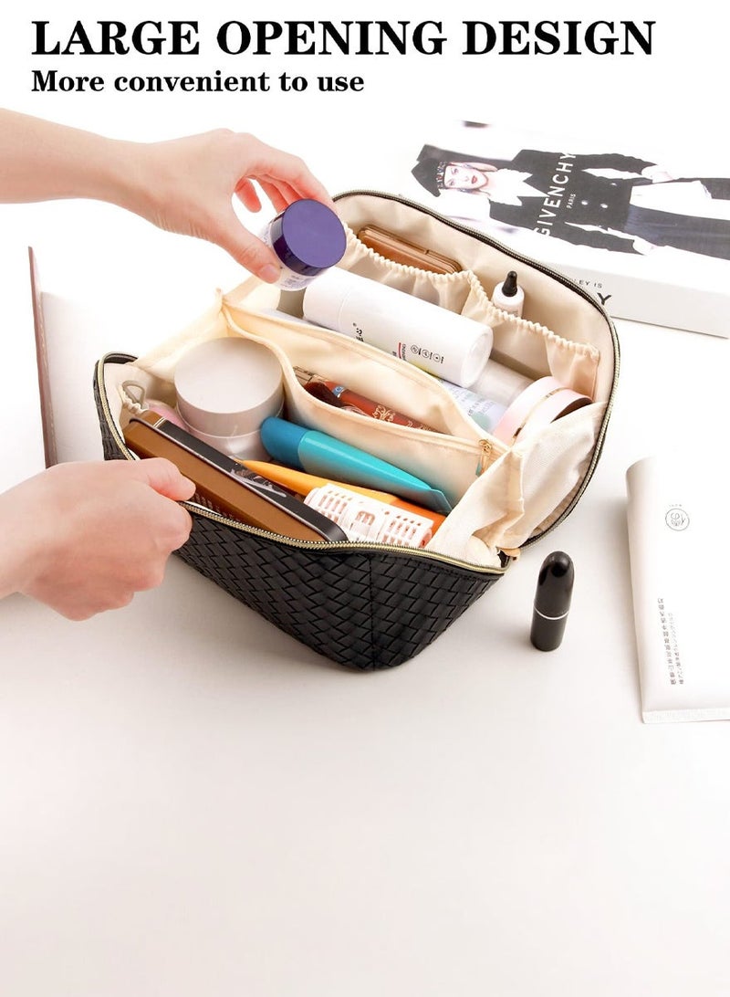 AEENAA Capacity Woven Leather Makeup Bag Portable Travel Toiletry Organizer with Dividers - Black - Image 2