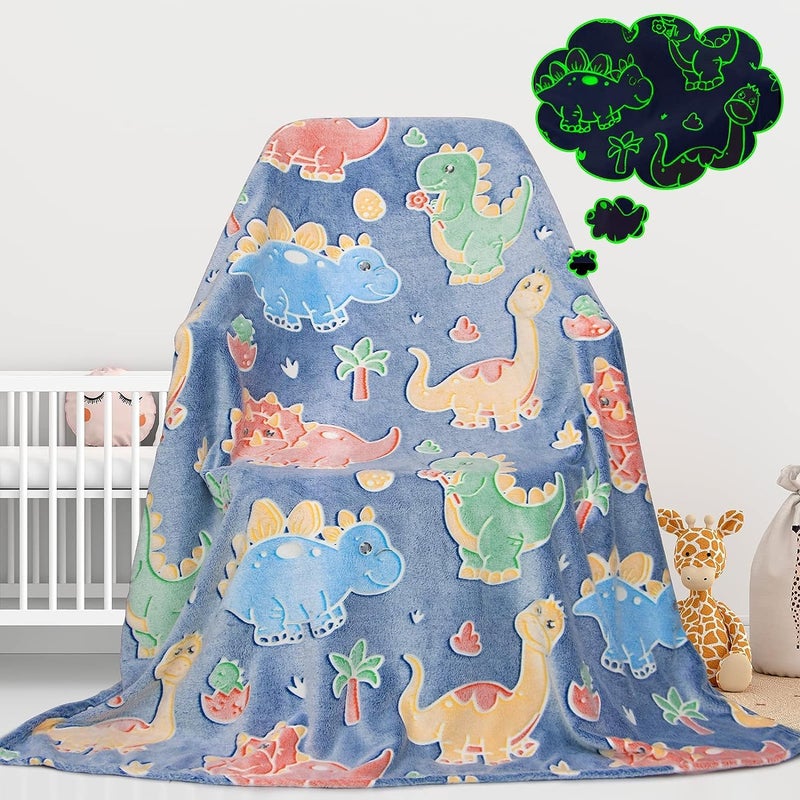 Cute Kids Blanket Glow in The Dark Dinosaur for Boys Flannel Glowing Bed Sofa Couch Soft Warm Blankets Christmas Birthday Gifts Teen 80x60