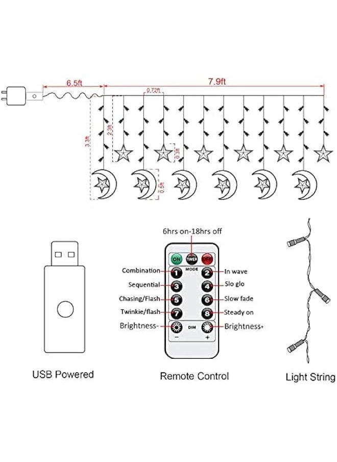 Arabest Extra Large Star Moon Curtain Lights for Ramadan Home Decor, 138 LED Upgraded Fairy Lights with 8 Modes Remote Control, USB Powered for Kids Bedroom, Window, Wedding,  Decorations  - Image 2