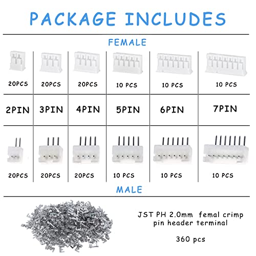 Teansic 540-Piece JST-PH 2.0 mm Connector Kit - 2.0 mm Pitch Female Pin Header with 2/3/4/5/6/7 Pin Housing JST Connector Adapter Plug Terminals - Image 2