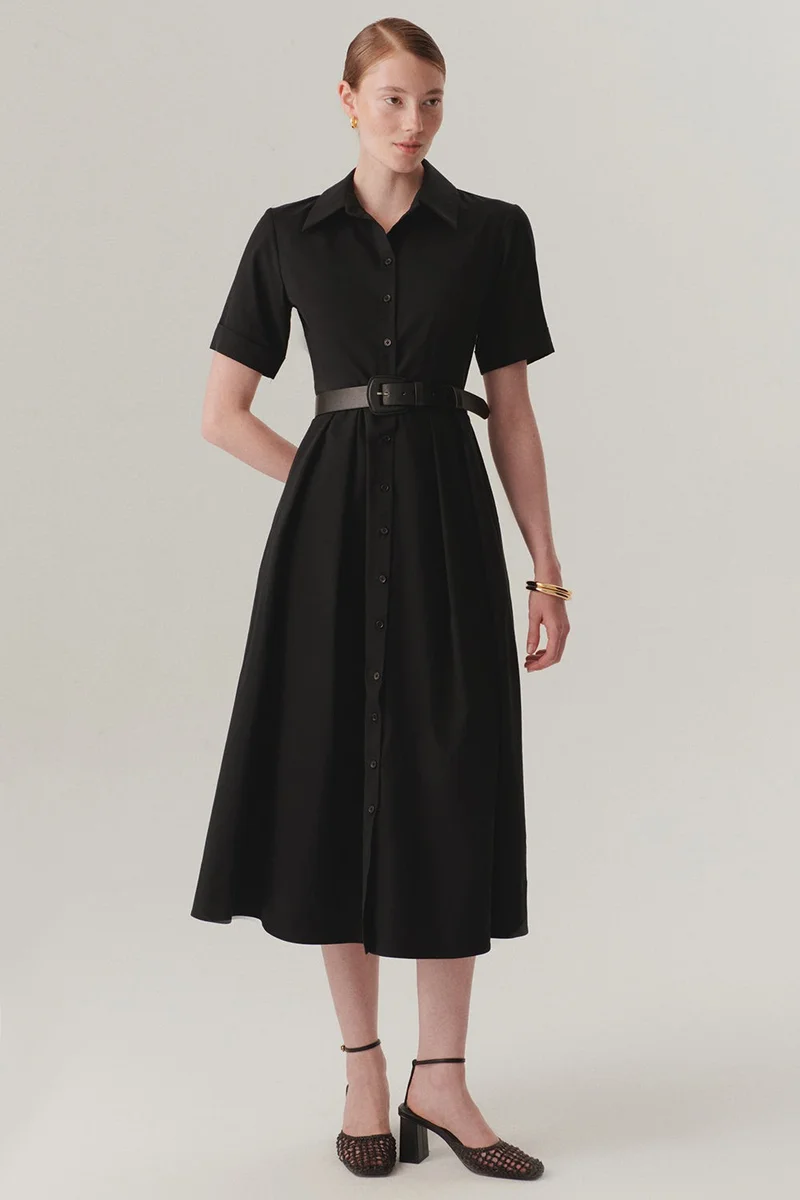 EXQUISE Shirt Collar Short Sleeve Fitted Belted Midi Length Black Dress