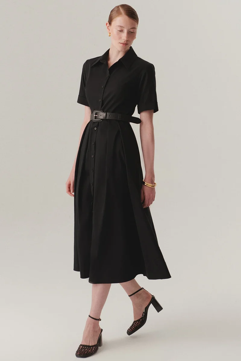 EXQUISE Shirt Collar Short Sleeve Fitted Belted Midi Length Black Dress