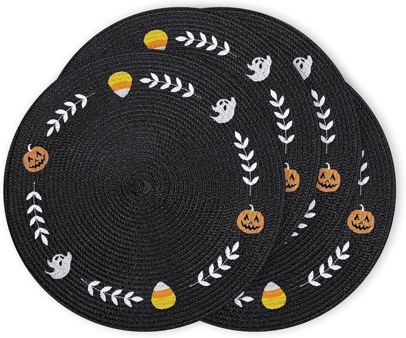 Whaline 4Pcs Round Halloween Placemats Embroidered Ghost Pumpkin Candy Corn Place Mats Black Spooky Dinner Table Mats for Halloween Party Decor - Image 1