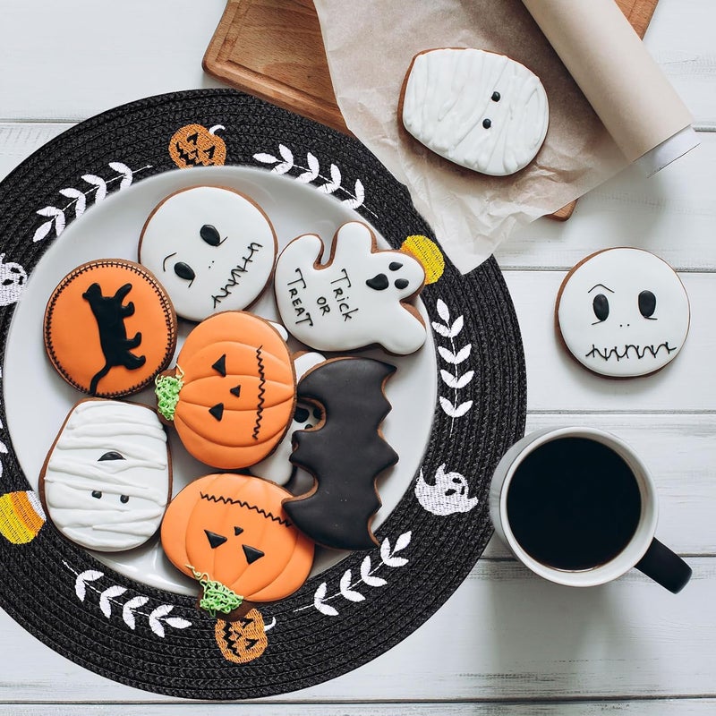 Whaline 4Pcs Round Halloween Placemats Embroidered Ghost Pumpkin Candy Corn Place Mats Black Spooky Dinner Table Mats for Halloween Party Decor - Image 4