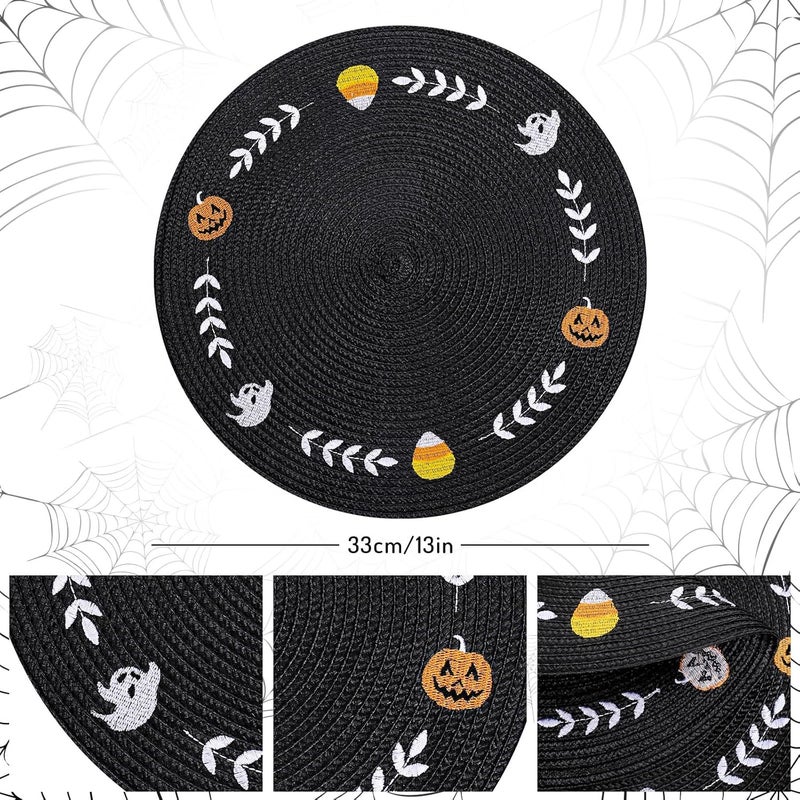 Whaline 4Pcs Round Halloween Placemats Embroidered Ghost Pumpkin Candy Corn Place Mats Black Spooky Dinner Table Mats for Halloween Party Decor - Image 2
