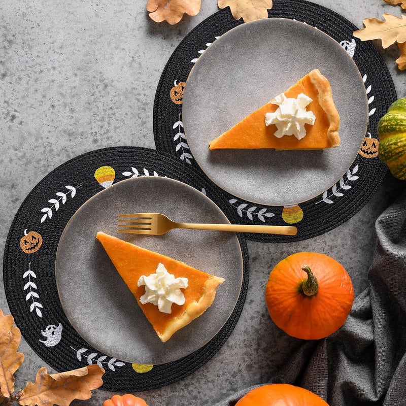 Whaline 4Pcs Round Halloween Placemats Embroidered Ghost Pumpkin Candy Corn Place Mats Black Spooky Dinner Table Mats for Halloween Party Decor - Image 5