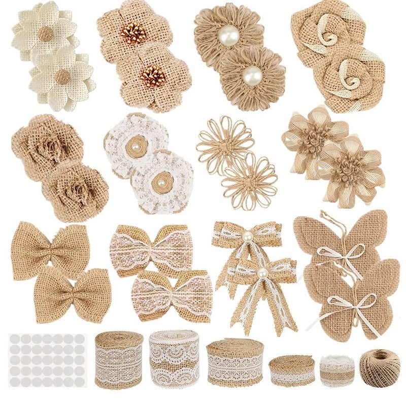 GUIFIER 30PCS Burlap Hessian Flowers Set Include 24 Burlap Flowers and Bowknots 5 Lace Burlap Ribbon Rolls1 Twine Ribbon and Glue Point for Wedding Party Decor Home Embellishment DIY Crafts