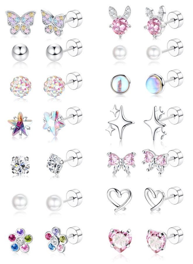 Besteel Silver Hypoallergenic Earrings for Girls Ages 8-12, Screw Back Stud Earrings for Kids, Cute Flat Back Surgical Steel Earring for Little Girl Sensitive Ears, Tiny Screwback Toddler Earrings Set - Image 1