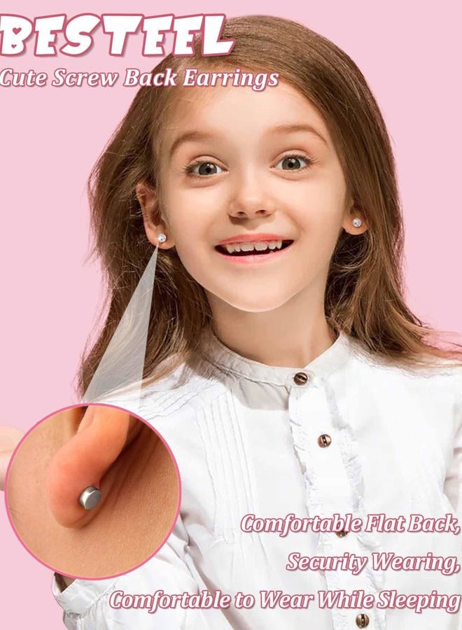 Besteel Silver Hypoallergenic Earrings for Girls Ages 8-12, Screw Back Stud Earrings for Kids, Cute Flat Back Surgical Steel Earring for Little Girl Sensitive Ears, Tiny Screwback Toddler Earrings Set - Image 3