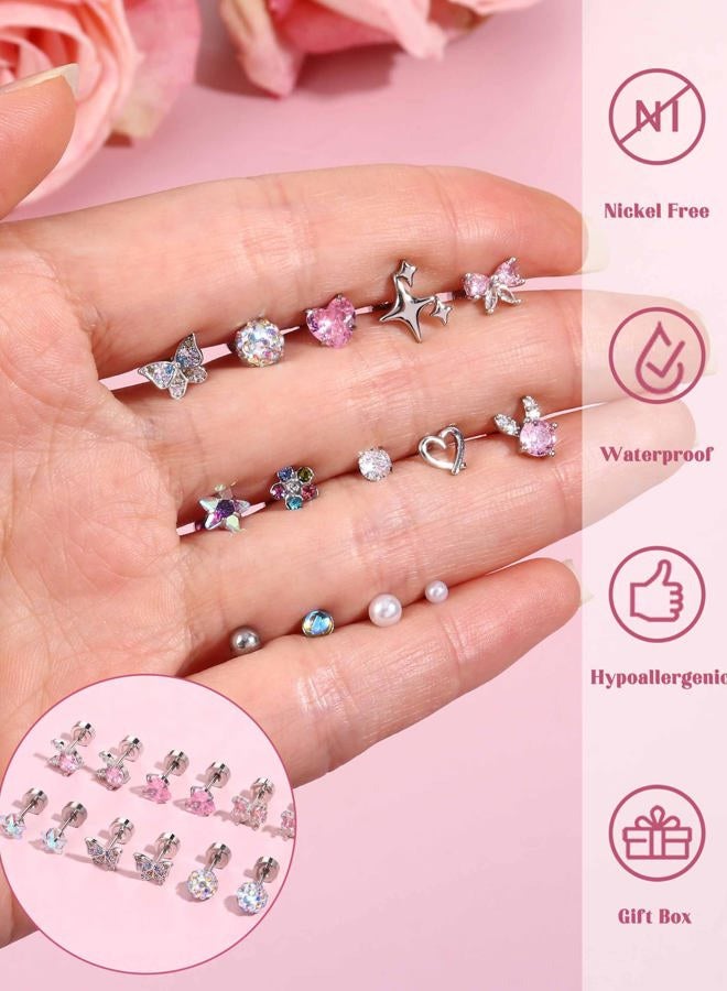 Besteel Silver Hypoallergenic Earrings for Girls Ages 8-12, Screw Back Stud Earrings for Kids, Cute Flat Back Surgical Steel Earring for Little Girl Sensitive Ears, Tiny Screwback Toddler Earrings Set - Image 4