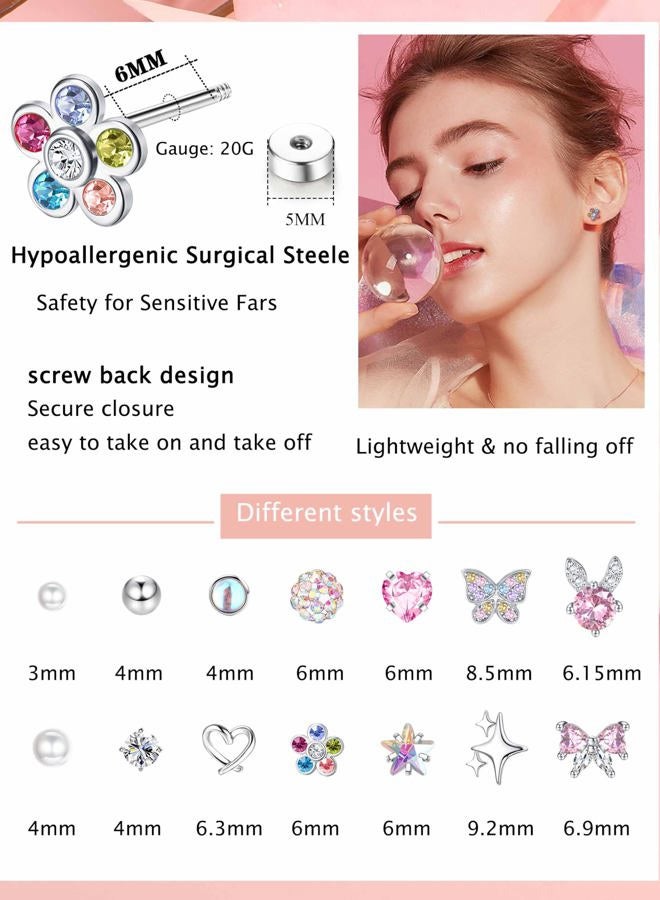 Besteel Silver Hypoallergenic Earrings for Girls Ages 8-12, Screw Back Stud Earrings for Kids, Cute Flat Back Surgical Steel Earring for Little Girl Sensitive Ears, Tiny Screwback Toddler Earrings Set - Image 5