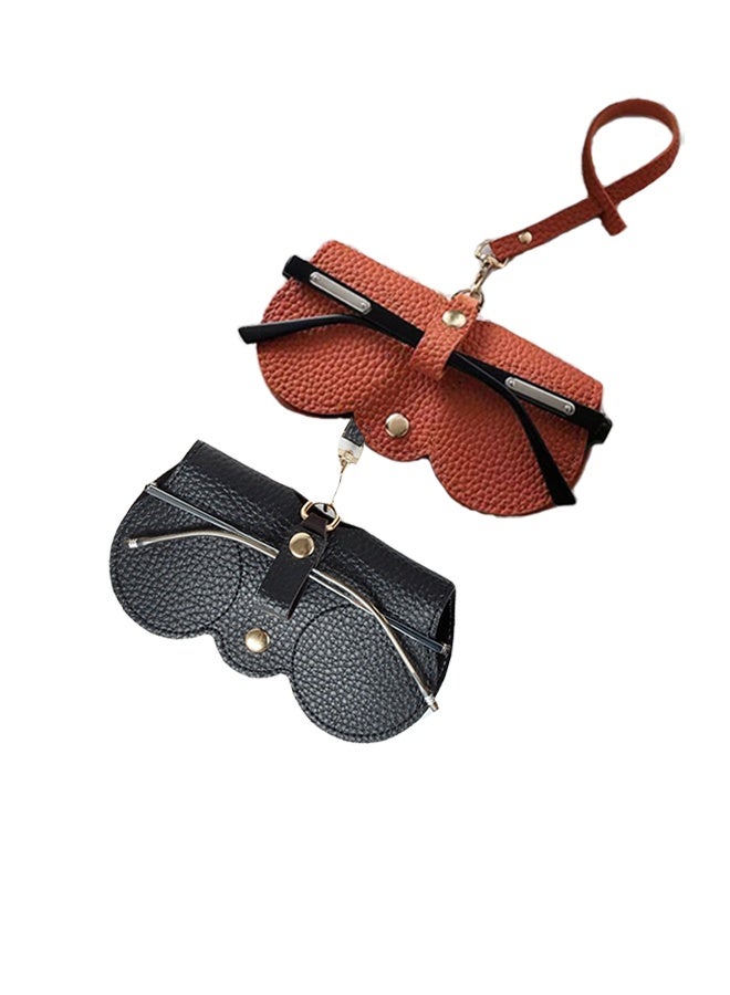 Generic 2 pcs Leather Glasses Case with Strap – Portable Foldable Sunglasses Pouch, Snap Button Closure (Black+brown)  - Image 1