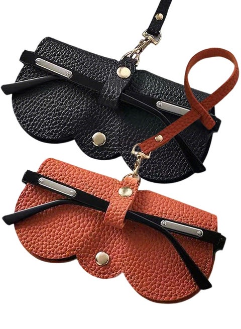 قطعتان من حقيبة النظارات الشمسية المصنوعة من الجلد الناعم، حافظة واقية للنظارات، حقيبة نظارات شمسية محمولة مضادة للخدش، حقيبة تخزين مضادة للتوتر مع حبل للنساء أو الرجال أثناء السفر إلى المنزل (أسود + بني)